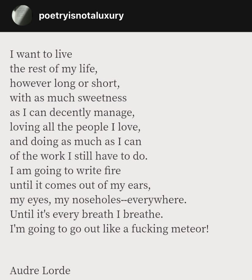 poetry is not a luxury

i want to live
the rest of my life
however long or short
with as much sweetness
as I can decently manage
loving all the people i love
of the work i still have to do
i am going to write fire
until it comes out of my ears
my eyes my noseholes everywhere
until it's every breath i breathe
I'm going out like a fucking meteor!

audre lorde