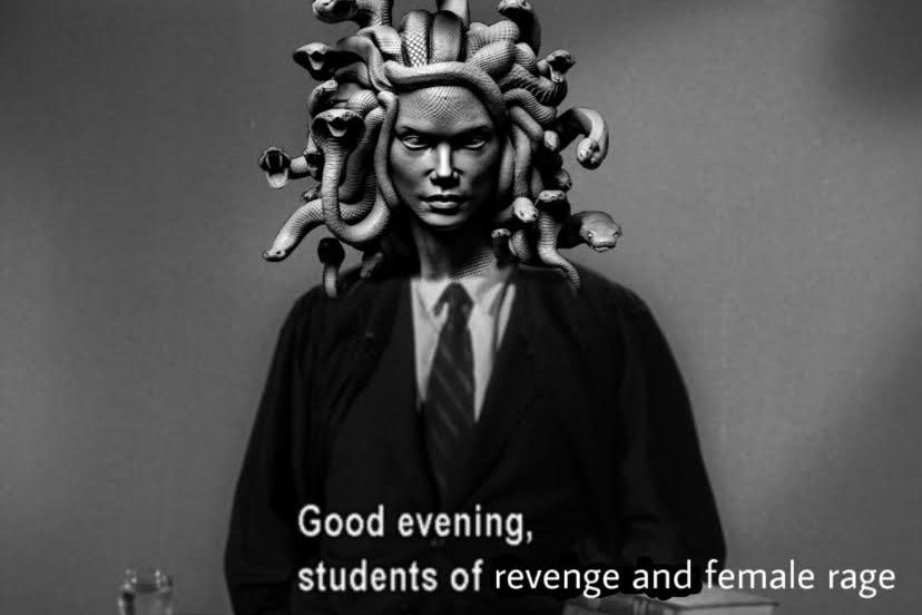 Medusa is a suit saying "good evening students of revenge and female rage"