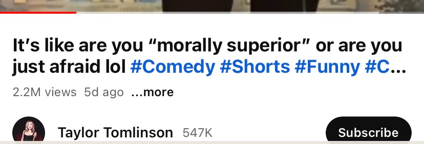 a screenshot from YouTube from Taylor Tomilson's channel of a video titled "It's like are you "morally superior" or are you just afraid"